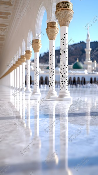 Image of several white columns with golden decorations in a large mosque. The columns are symmetrically arranged with Islamic motifs. In the background, a green dome and a minaret are visible. The polished floor reflects light, with a clear blue sky above.