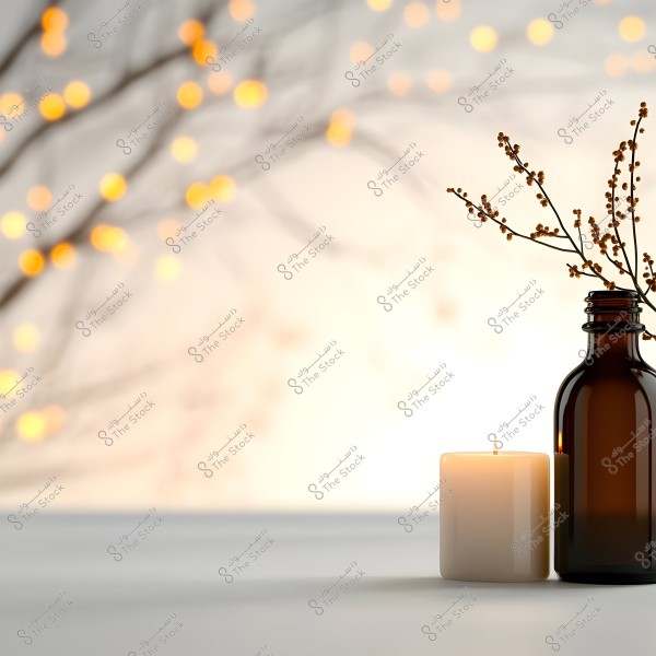 An image of a brown bottle containing thin, delicate branches next to a lit white candle on a white surface. The background is blurred with glowing yellow lights in the form of soft circles, lending a warm and serene atmosphere to the scene.