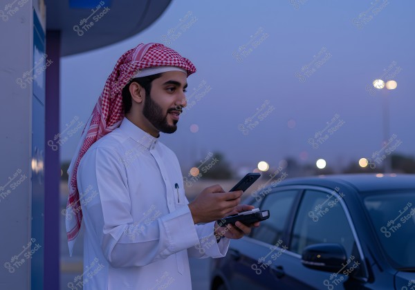 Image of a man standing next to a car at dusk, wearing a white thobe and a traditional headscarf known as a ghutra. The man is holding a mobile phone and another device. Blurred street lights are visible in the background, suggesting it is a night shot taken in a region likely to be in the Gulf countries, such as Saudi Arabia.
