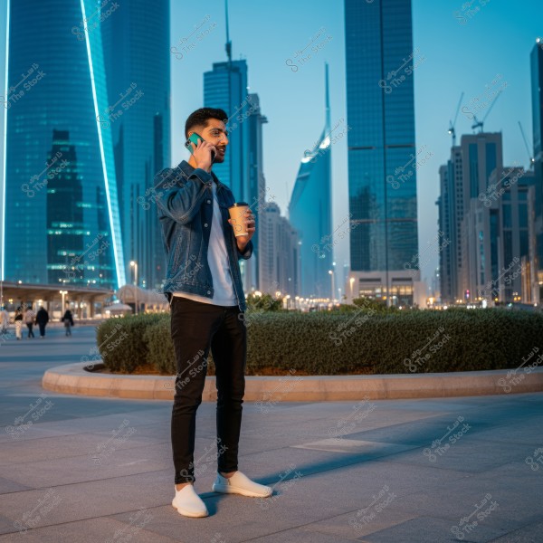A man standing in a modern urban area at sunset, talking on his mobile phone and holding a coffee cup in his other hand. He is wearing a blue denim jacket, a white shirt, black pants, and white shoes. In the background, tall buildings with blue lighting and a pale blue sky are visible, suggesting the photo might be taken in a Gulf city like Dubai.