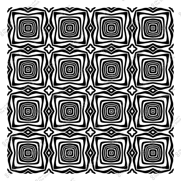 A black and white pattern featuring geometric square shapes, each with concentric curved lines in the center and around the shape.