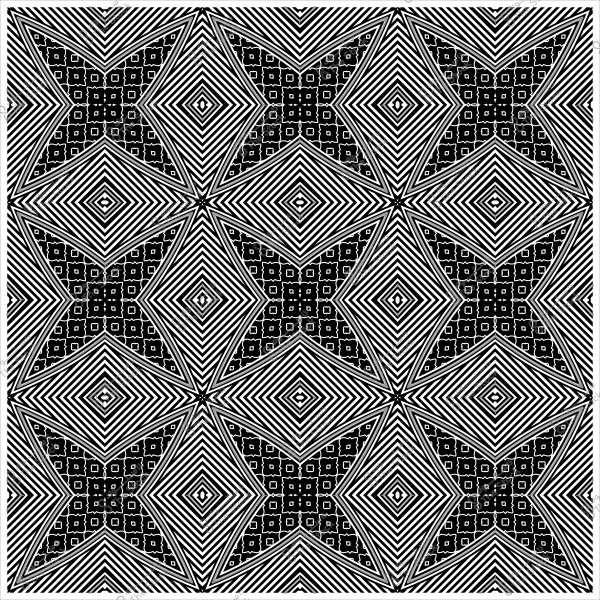 A repeated pattern of geometric shapes in black and white, featuring intersecting lines and star-like forms.