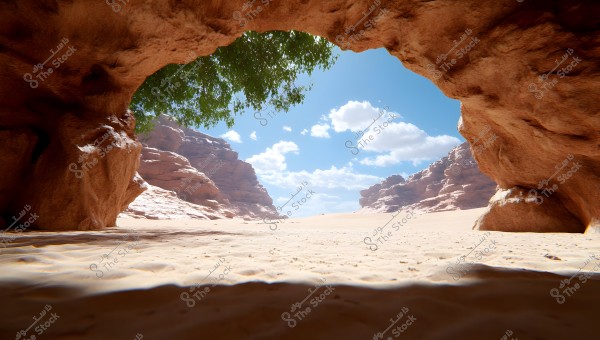 A natural landscape viewed from inside a cave, overlooking a vast desert under a clear blue sky with scattered white clouds. Reddish-brown sandstone rocks dominate both sides of the image, with a green tree at the top center, adding a touch of vibrancy to the desert scene.