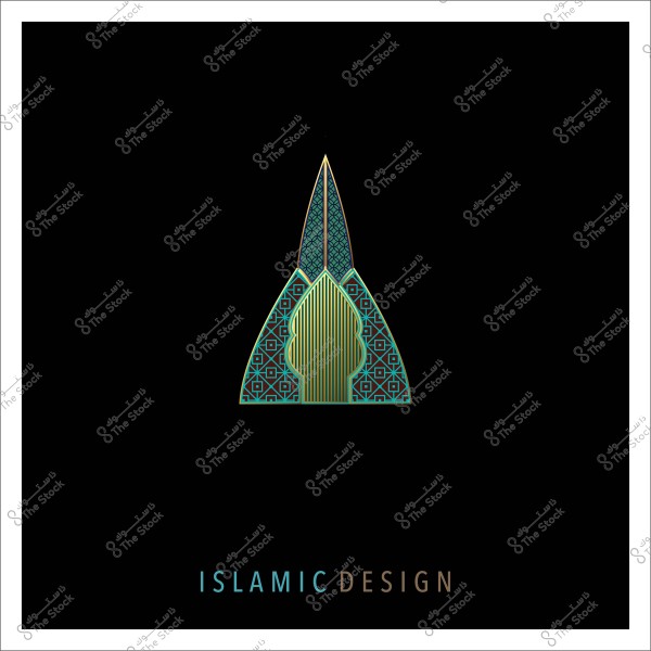 تصميم هندسي إسلامي بألوان ذهبية وزرقاء على خلفية سوداء.