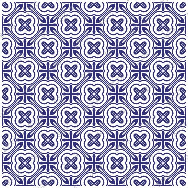 نمط زخرفي أزرق وأبيض متكرر بتصميم زهرات وأنماط دائرية.
