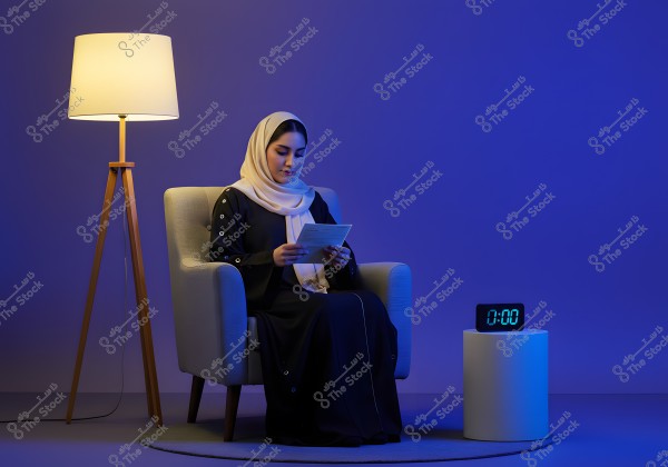 A woman sitting in a softly lit room. She is wearing a black abaya and a beige hijab, seated in a chair while reading something in her hands. Beside her, there is a lit floor lamp and a digital clock showing 1:00 on a small round table.