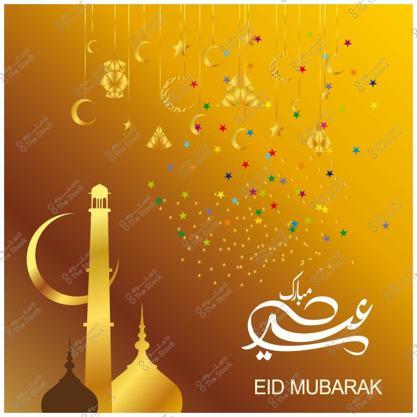 تصميم عيد مبارك يتضمن زخارف هلال ونجوم وأبراج إسلامية على خلفية ذهبية.