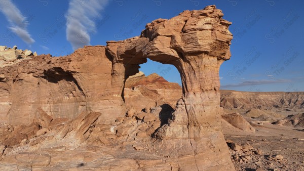 Natural rock formation resembling an arch in a desert area under a clear blue sky with wispy clouds.