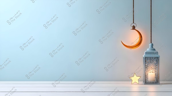 The image features a hanging gold crescent moon with a light, next to an ornate grey lantern illuminated by a candlelight, with a small lit star in front of the lantern. The background is light blue and the surface is white wooden.