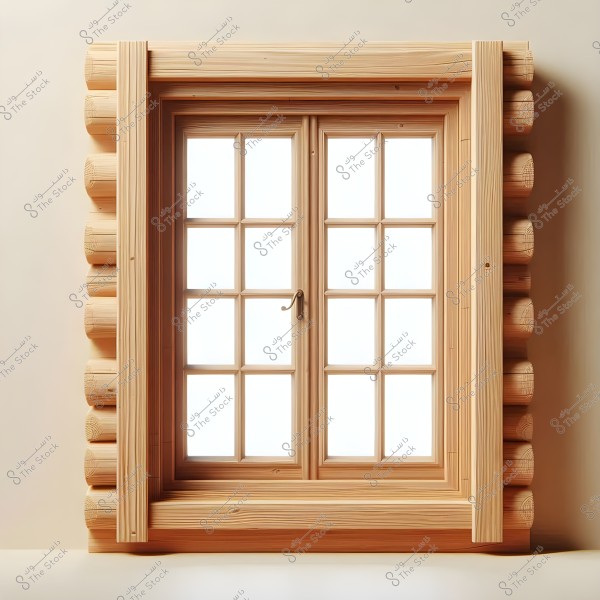 A wooden window with a frame made of round tree logs. The window is divided into small sections with glass panes. It features a light, natural wood frame, giving it a rustic and warm appearance.