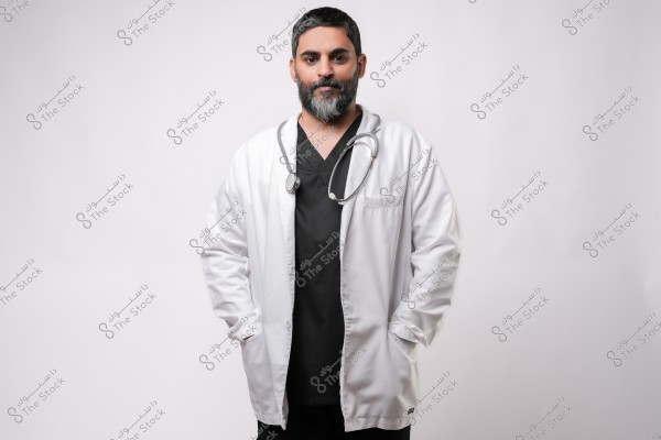 طبيب يرتدي معطفاً أبيض وسماعة طبية حول عنقه, يقف واضعاً يديه في جيوبه.