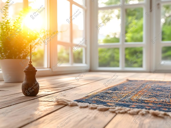 The image shows bright sunlight streaming through a large window, illuminating a decorative prayer rug with blue and orange colors placed on a wooden floor. A small ornate vessel is on the floor near the window, with a potted indoor plant in a white pot beside it. The scene exudes a peaceful and serene atmosphere.