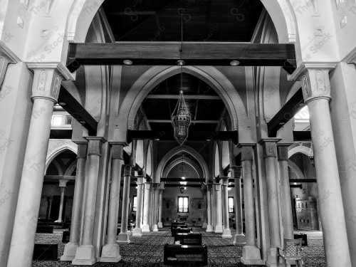 Interior shot of a heritage mosque in black and white in the Murabba area.