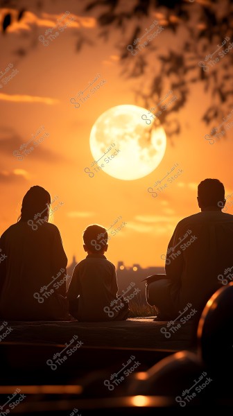 A sunset scene showing the silhouette of a family of three, a man, a woman, and a child, sitting together against the backdrop of a large sun on the horizon. The silhouettes are captured in warm tones with overhanging leaves at the top. The adults and child appear to be wearing traditional clothing.