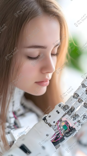 The image depicts a young woman with light brown hair and closed eyes, standing next to an advanced robotic arm. The arm is made of metal and plastic, with colorful wires clearly visible, highlighting the technological aspect of the image. The lighting is soft, creating a contemplative atmosphere.