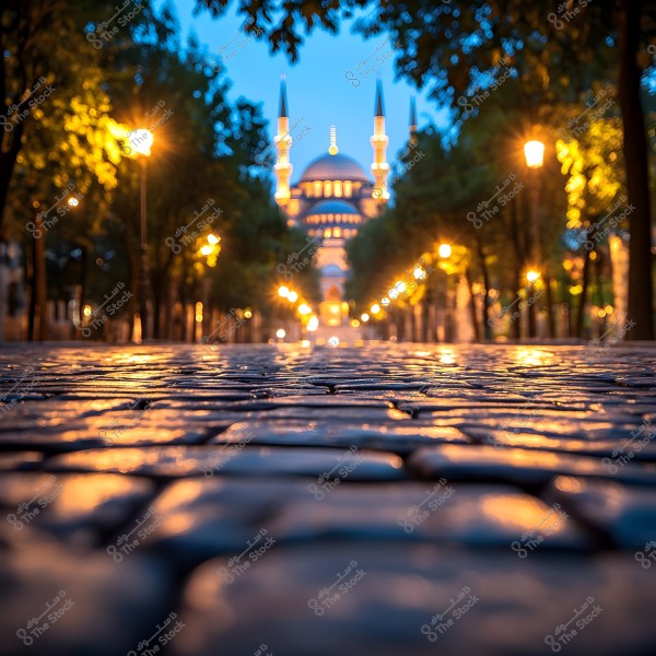 A cobblestone street at night is illuminated by street lamps, flanked by trees on both sides. In the background, a large mosque with illuminated minarets and a beautifully lit dome is visible, set against the backdrop of dusk or night. The lights reflect on the wet stones, creating a captivating view of the location.