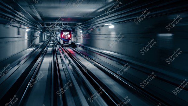 قطار يسير بسرعة داخل نفق تحت الأرض بأضواء خافتة وجدران معدنية.