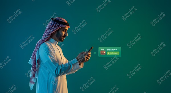 Image of a man wearing traditional thobe and shemagh, appearing to be of Saudi origin, using a smartphone. The background is dark green with a wallet icon and a chat bubble displaying text messages beside him.