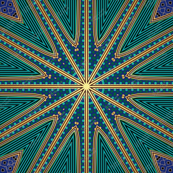 تصميم هندسي بألوان زرقاء وذهبية, مكون من أشكال متكررة على شكل نجم وسط زخارف هندسية ونقاط صغيرة.