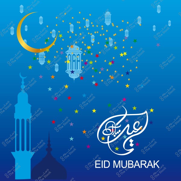 Eid Mubarak design featuring a crescent, lamps, and colorful stars on a blue background.
