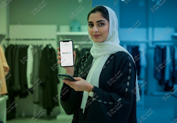 A portrait of a woman wearing a black embroidered abaya and a white headscarf, holding a mobile phone displaying the \"AllmaPay\" app. She is standing in a clothing store with garments hanging in the background. She wears a gold-colored wristwatch and has a slight smile.