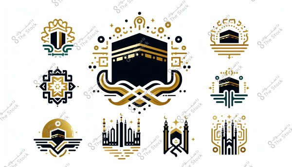 The image features a collection of decorative illustrations depicting the Kaaba in the center, surrounded by various designs related to Islamic architecture. The designs are inspired by traditional Islamic decorations and utilize black, gold, and green colors. There are star and crescent details in the designs, enhancing the Islamic nature of the image.