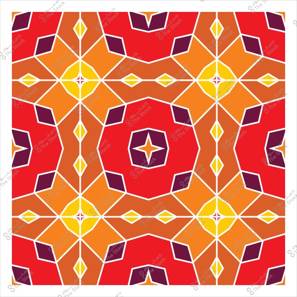 تصميم هندسي مزخرف بألوان الأحمر والبرتقالي والأصفر مع تفاصيل معقدة وخطوط بيضاء.