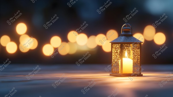 A lantern lit with a candle inside stands on a wooden surface with a blurred background of golden circular lights. The atmosphere suggests calmness and warmth, with the lighting adding a soft, romantic feel to the scene.