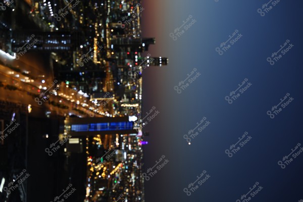 Night view of a city illuminated with lit-up buildings and busy roads. The sky is dark blue blending with the horizon, and a tall, lit-up tower is visible in the center with lights of different spectrums. Part of the city appears distant on the left side, with several clustered buildings and twinkling lights filling the image.