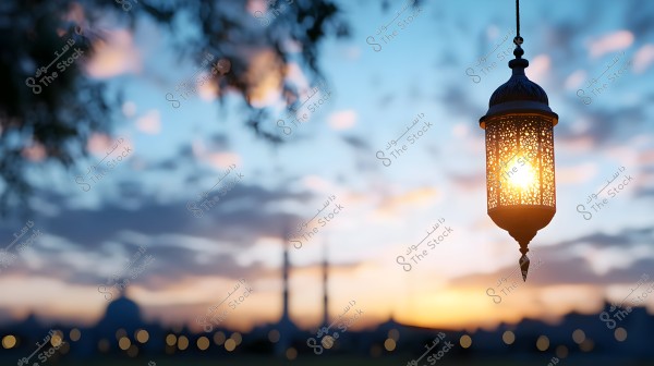 An image of a traditional Arabic hanging lamp, brightly lit with intricate patterns. In the background, there\'s a sunset scene over a mosque with domes and minarets, adding contrast with the warm colors of the sky.