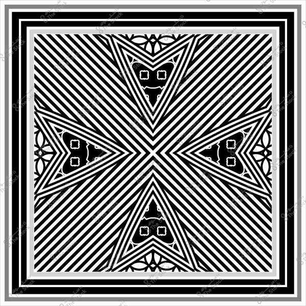 تصميم هندسي أبيض وأسود يتضمن خطوطًا متقاطعة ونمطًا متناظرًا مع عناصر زهرية.