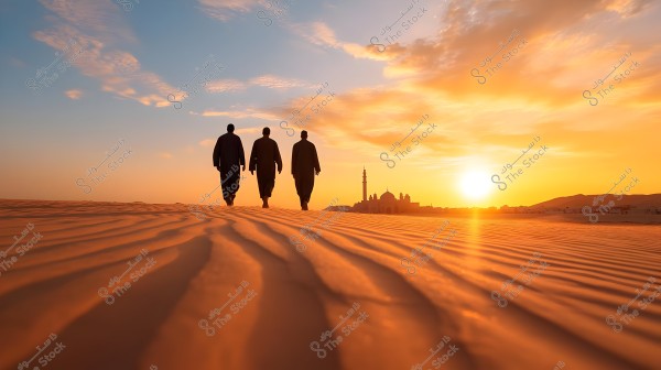 An image of three people walking on the golden desert sands dressed in traditional attire towards the horizon where a mosque and other architectural features are silhouetted against the setting sun. The sky is painted in hues of orange and gold, conveying a sense of tranquility and peace.