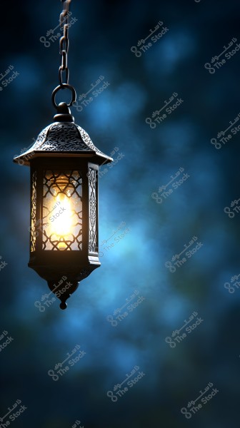 A traditional metal lantern hanging and glowing with warm light from within, featuring ornate lattice designs. The lantern hangs from a metal chain against a blurred blue background that evokes a calm and elegant atmosphere.