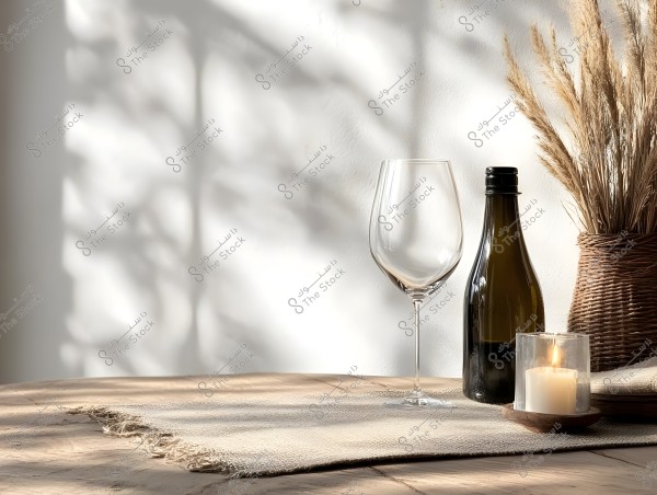 The image shows a wooden table with an empty glass wine glass, a dark wine bottle, and a lit candle in a glass holder. There is also a basket filled with dry wheat stalks next to these items. The shadows of the stalks and the candle cast beautifully on the sunlit white wall.