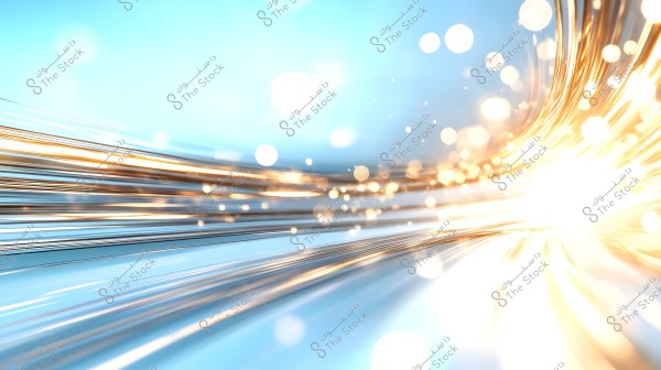 An abstract image depicting streams of golden and white light flowing across a sky blue background. The lights sparkle, resembling speed or motion effects, creating a sense of dynamism and activity.