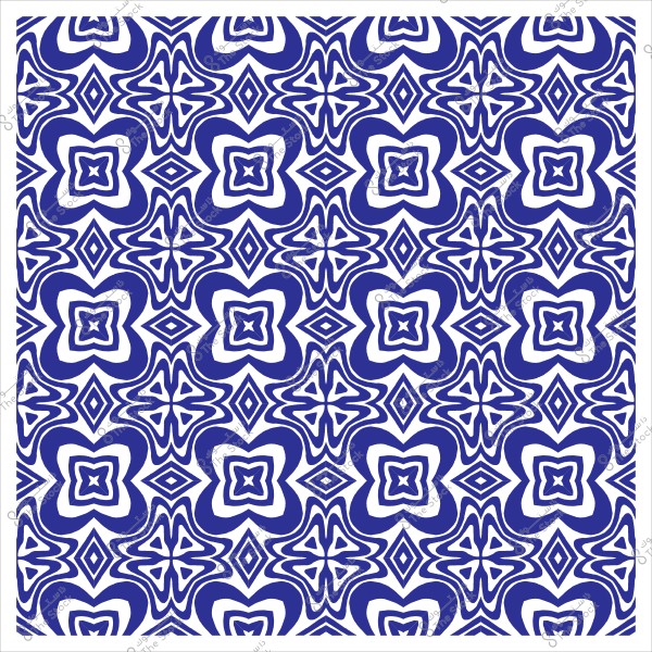 نمط هندسي أزرق وأبيض مع أشكال متكررة تشبه الأزهار والماس.