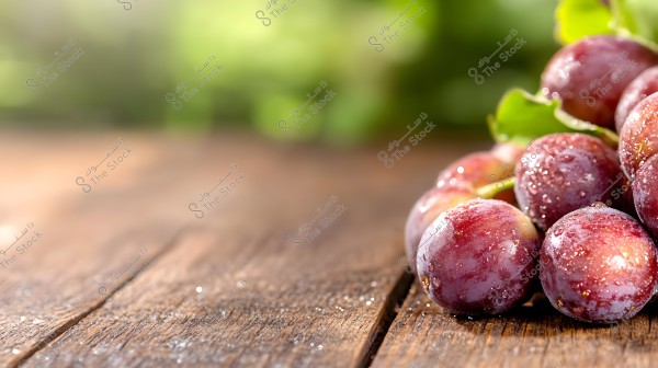 Image of clusters of red grapes placed on a wooden surface. The grapes appear to be covered with droplets of water, giving them a fresh and shiny appearance. The background shows a soft green blur, suggesting the presence of plants or a garden.