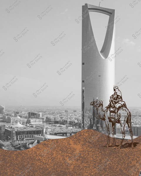 An image combining modern and traditional elements. In the background is the Kingdom Tower in Riyadh, Saudi Arabia, a famous architectural landmark. In the foreground, there is a sketch of a camel with a person in traditional attire, standing on sand dunes. The scene blends the past and present, representing Saudi culture.