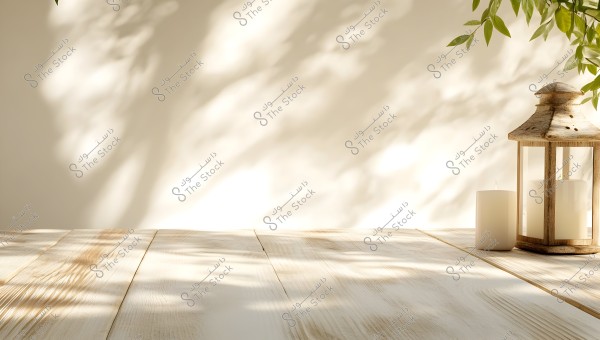 An image showing a light wood table with the subtle shadows of leaves cast across it. On the table, there is a wooden lantern containing a large candle, and next to it, a large round candle. The leaves and reflected lighting create a calm and beautiful atmosphere.