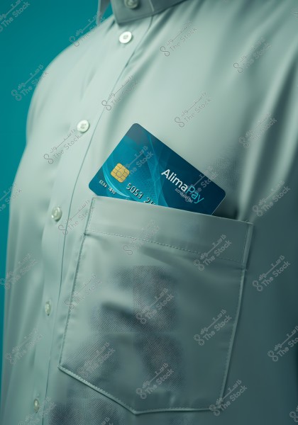 The image shows the upper part of a person wearing a traditional white thobe, with a blue bank card labeled \"AlimaPay\" protruding from the front pocket. The card appears new and has a visible electronic chip. The background is turquoise.