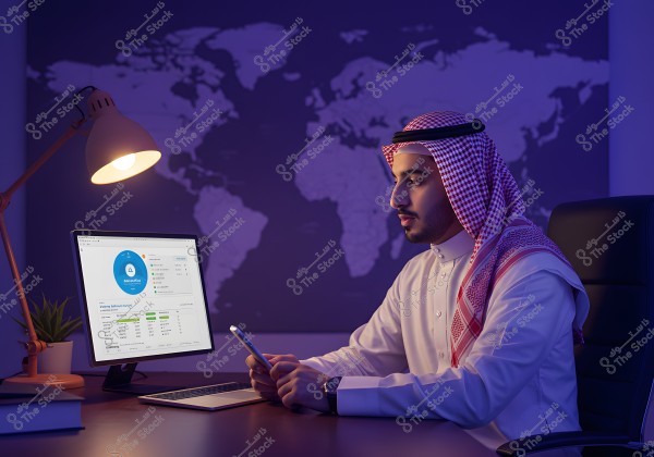 An image of a man sitting at a desk, wearing a thobe and shemagh. He appears to be Saudi and is engaged in work on a laptop. Beside him is a lit desk lamp and a small plant. Behind him, a large world map is displayed on the wall, adding a professional and modern atmosphere.