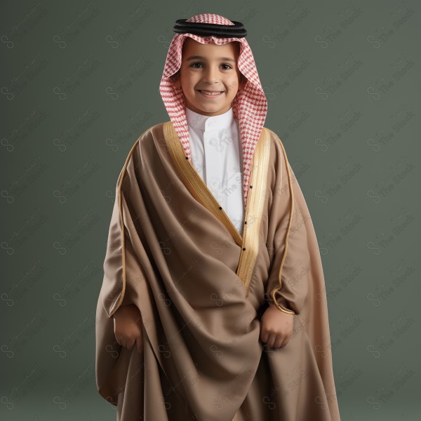 A child wearing Mishlah, traditional saudi clothing, a thobe, National Day, Founding Day, through artificial intelligence.