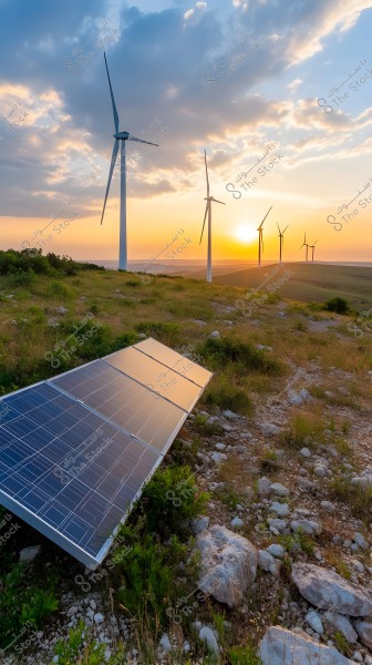 An image showing a group of wind turbines in a field with the sun setting in the background. In the foreground, there are solar panels installed on rocky ground surrounded by green grass, and clouds scattered in the sky.