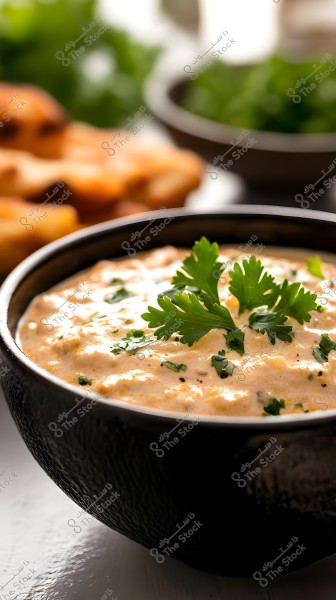 An image of a bowl containing creamy white dip garnished with green parsley leaves, set in a dark-colored bowl. In the background, there are out-of-focus foods and green vegetables, giving a sense of diverse and delicious flavors.
