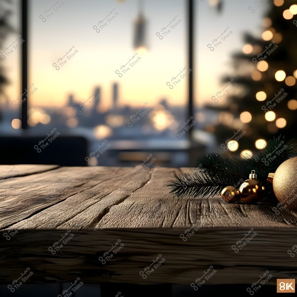 An image of a wooden table in the foreground with gold-colored spherical ornaments and pine tree branches on the side of the table. In the background, blurred lights represent Christmas decorations and a decorated tree in front of a large window overlooking the city at sunset.