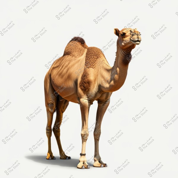 An image of a light brown Arabian camel standing against a white background. The camel is portrayed with detailed features, showcasing its distinctive humps and clear facial details. It appears healthy and stands confidently.