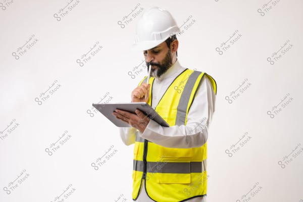 Image of a man wearing a yellow reflective vest and a white helmet, standing and holding a tablet. He appears thoughtful while looking at the tablet and is dressed in a white traditional garment. The background is white.