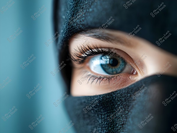 A close-up image of a person wearing a niqab, showing a clear blue eye and detailed eyelashes. The dark fabric covers the face with a blurred light blue background.