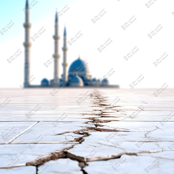 The image shows a foreground of a cracked and broken white stone tiled surface, suggesting an earthquake or erosion. In the background, there is a large mosque with blue domes and three tall minarets in a blurred Islamic architectural style.