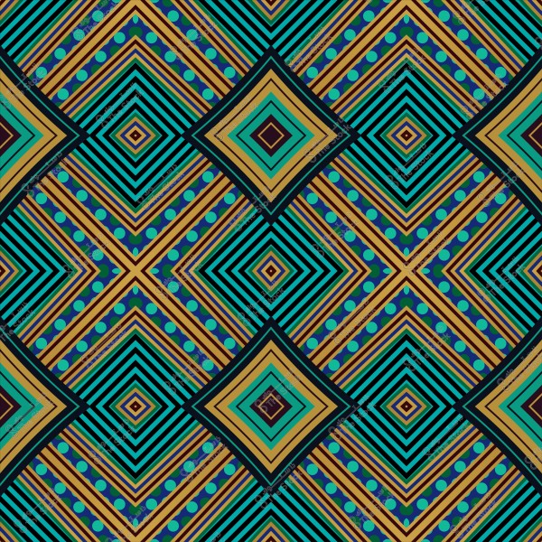 نمط هندسي متماثل بألوان زرقاء وذهبية وأسود, يحتوي على أشكال ماسية وخطوط متقاطعة.